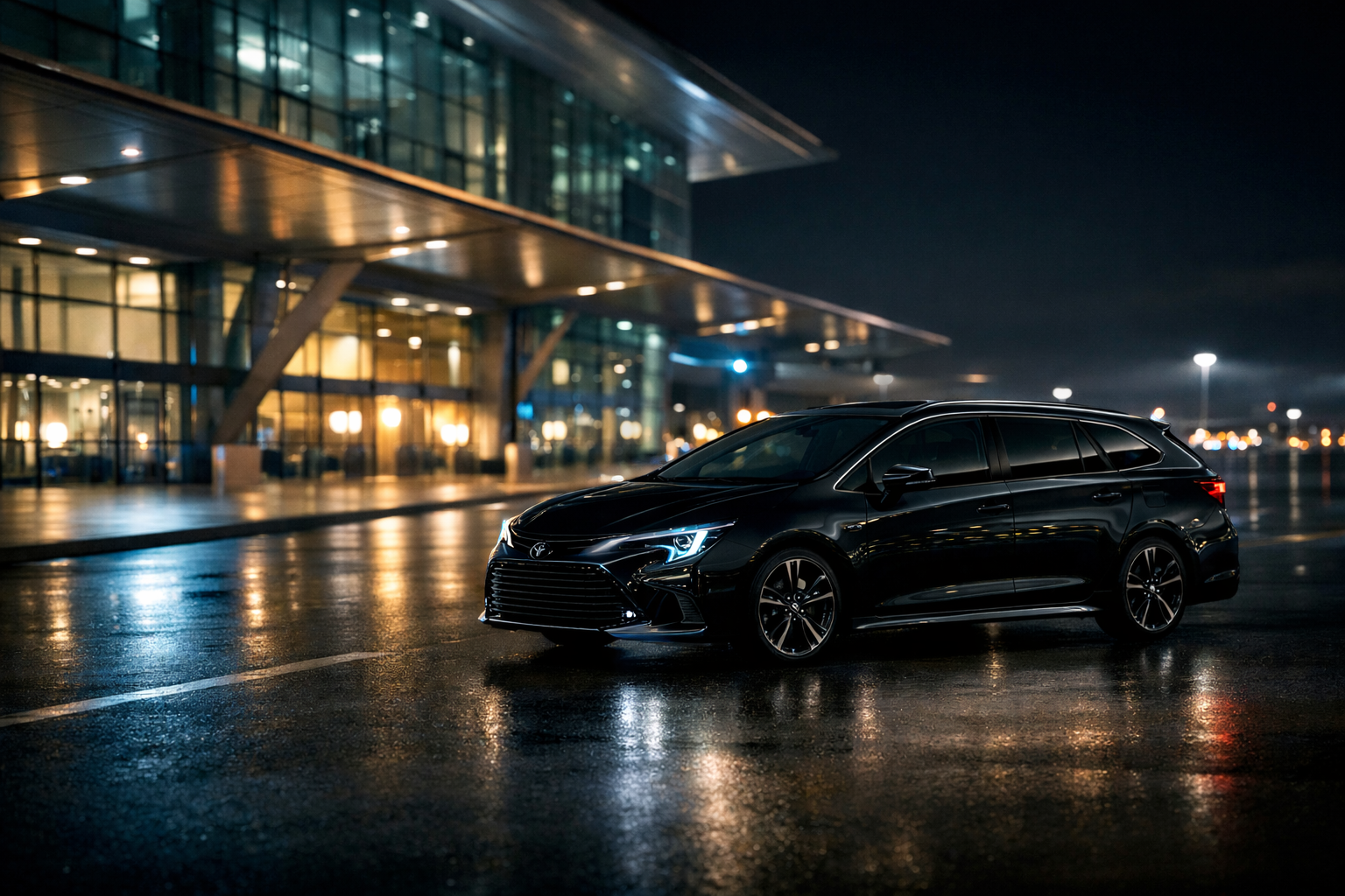 Luxuriöse schwarze Mercedes-Limousine vor einem Stadthotel